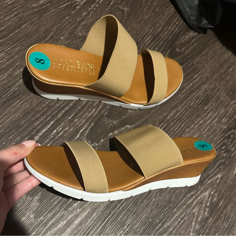 Italian shoemaker Tan strapped wedges